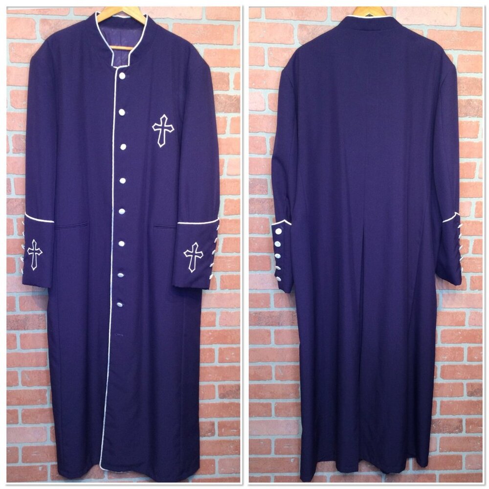 Purple Tony Blake Long Clergy Vestment Pastor Robe Cross Embroidery Button Front